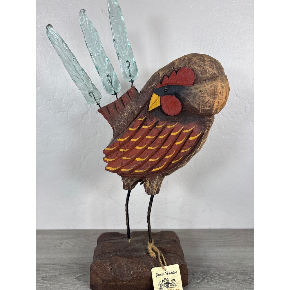 James Haddon Masters Collection Hand Carved Wood Rooster Glass Tail Folk Art 17"